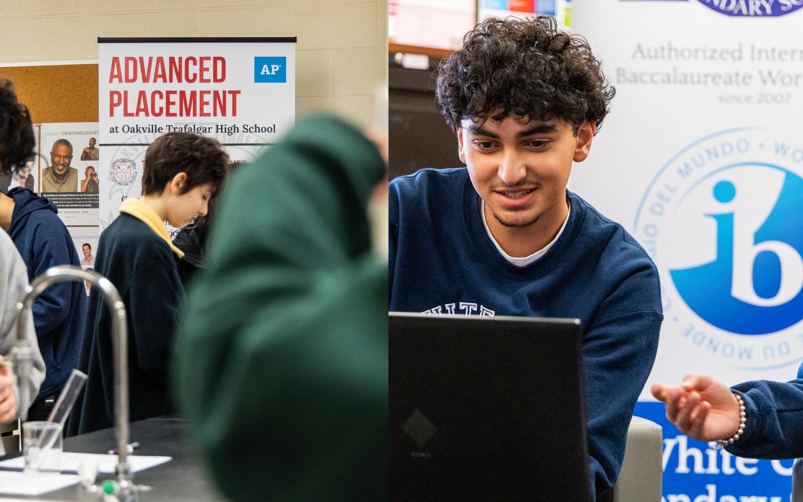 two pictures side by side, on the left is an Advanced Placement science class and the right is a student working in front of an IB sign.
