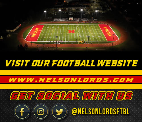 Visit our football website at www.nelsonlords.com showing a photo of the Nelson field at night.